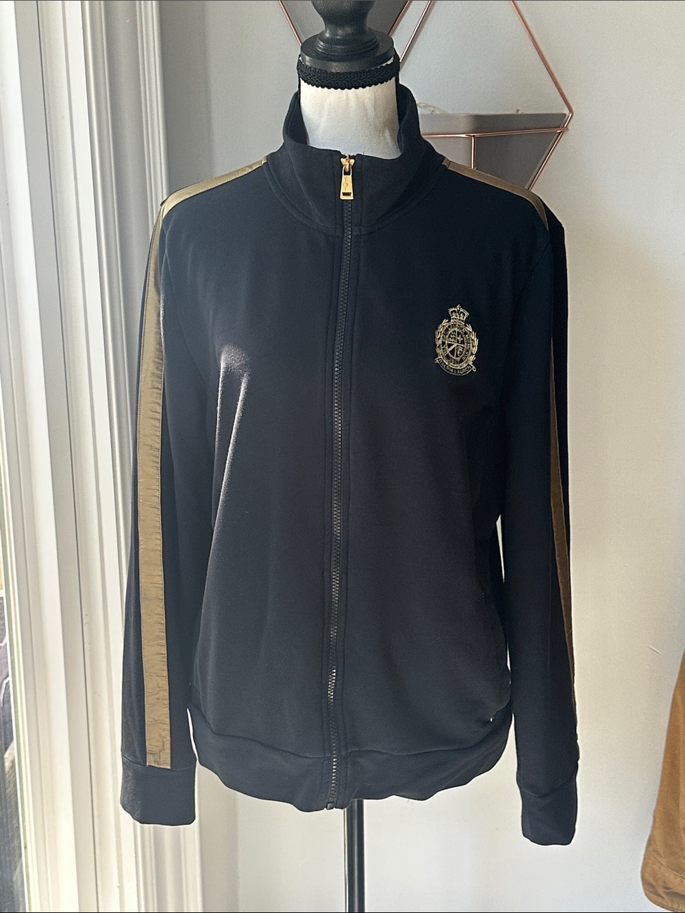 Lauren Ralph Lauren Active Black Gold Crest Track Jacket Zip Up Sweater Sz Large